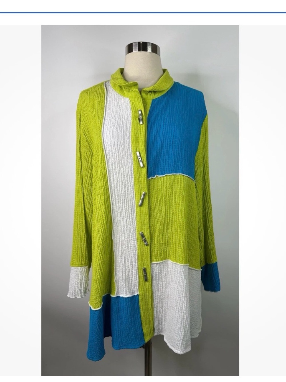 Ali Miles Lime, Blue & White Colorblock Button Cardigan